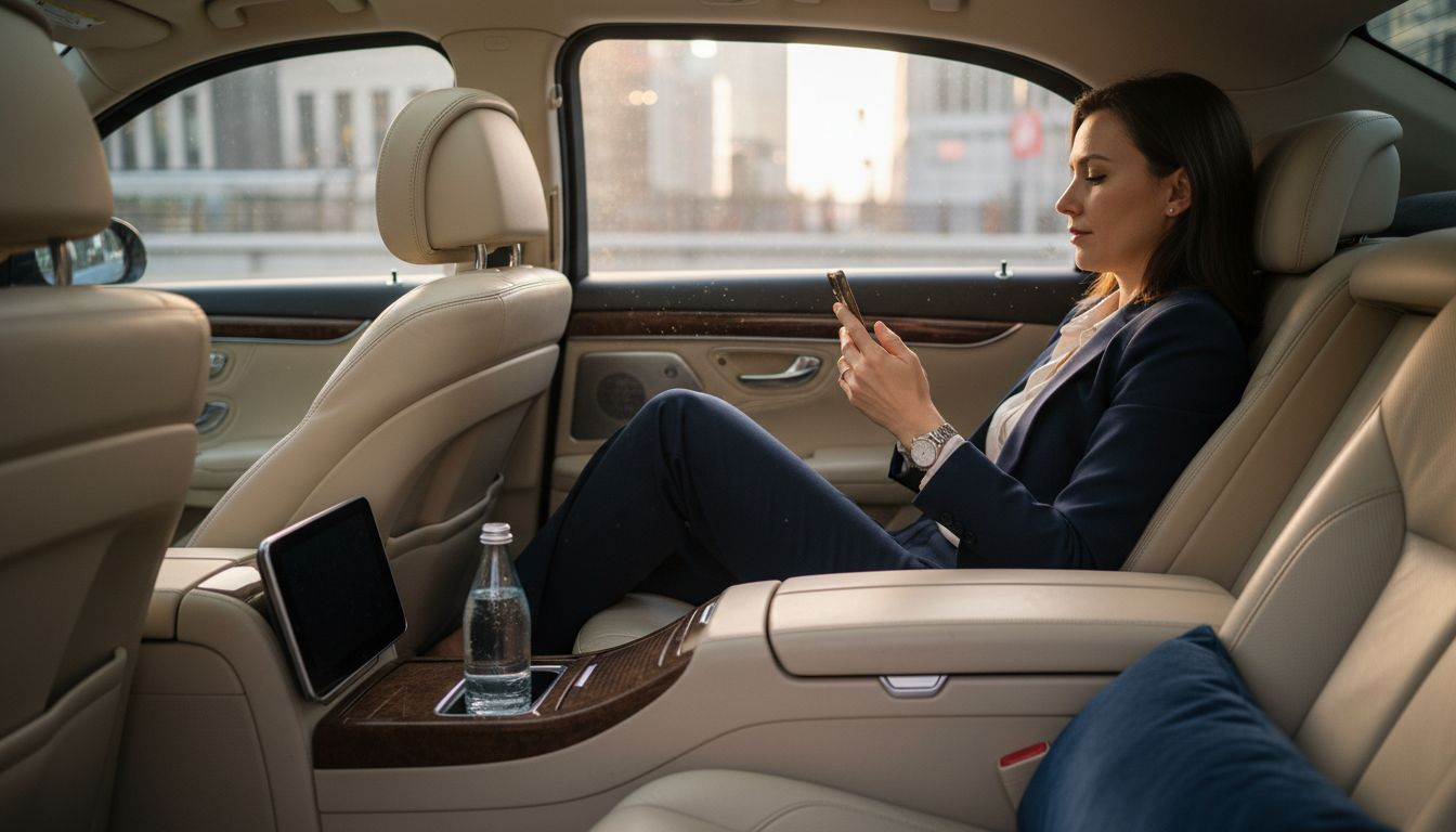 Woman relaxes in luxury sedan interior
