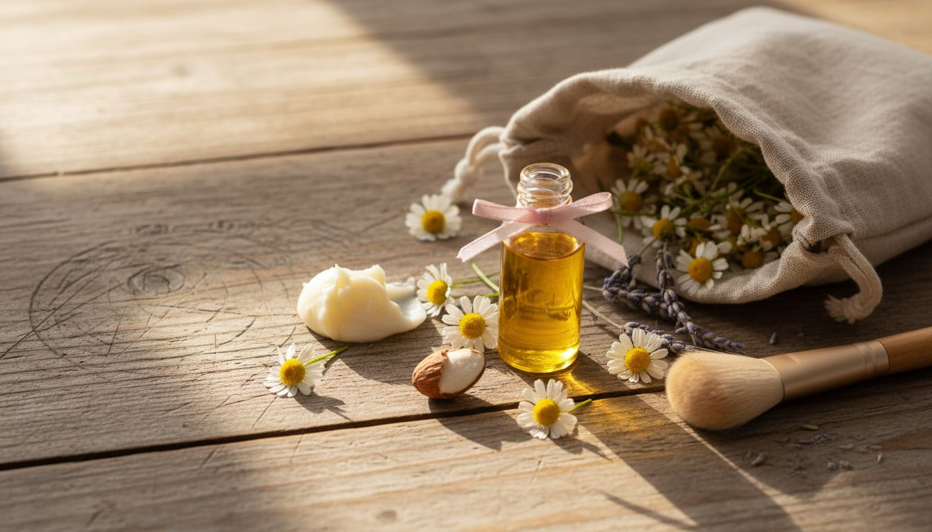 Natural ingredients and makeup on rustic table
