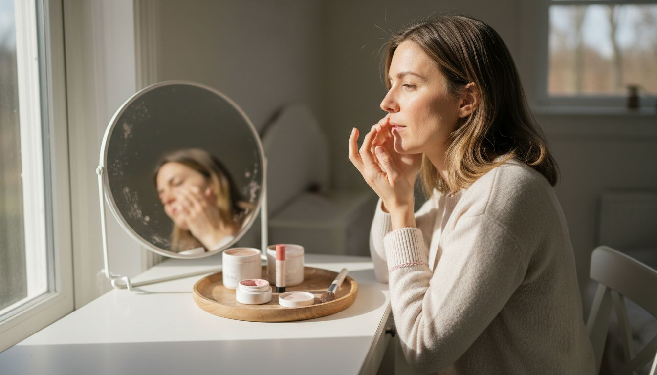 Blending cream blush at tidy makeup vanity