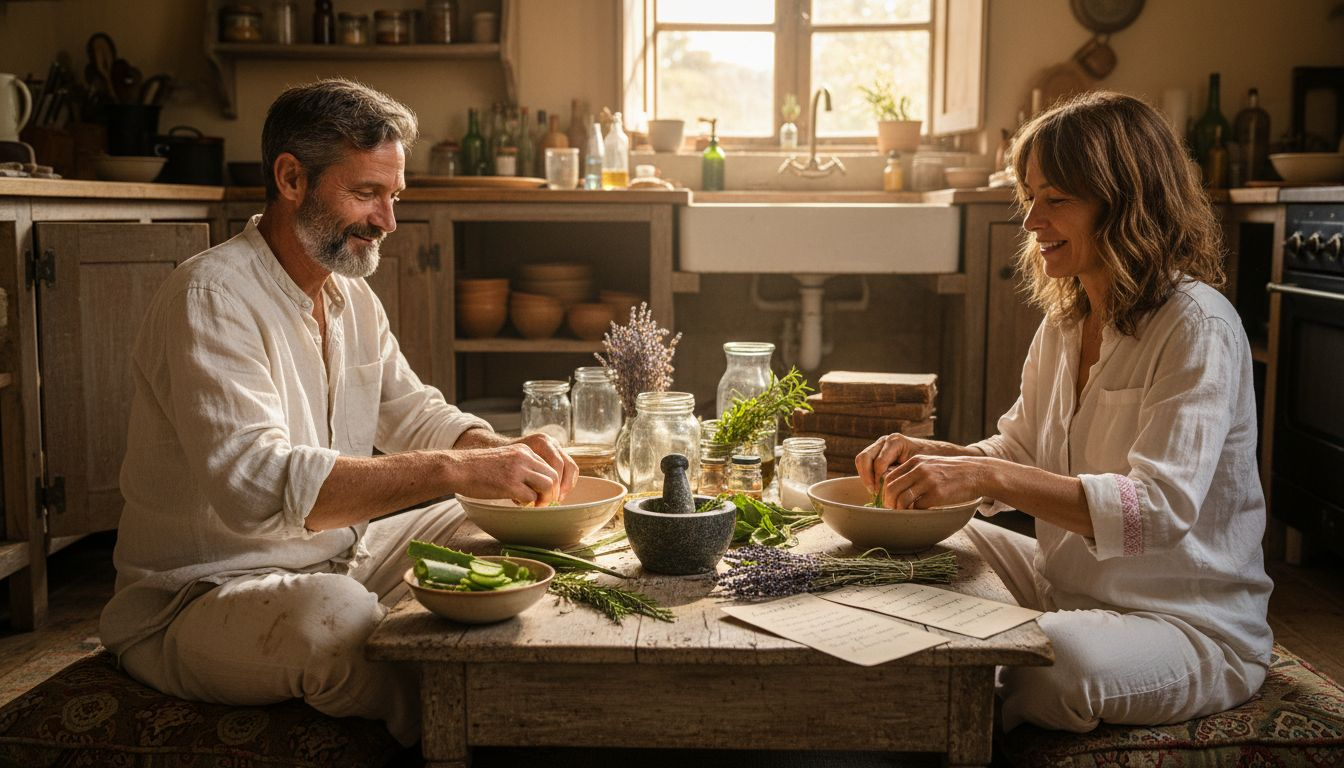 Group preparing natural skincare with botanicals
