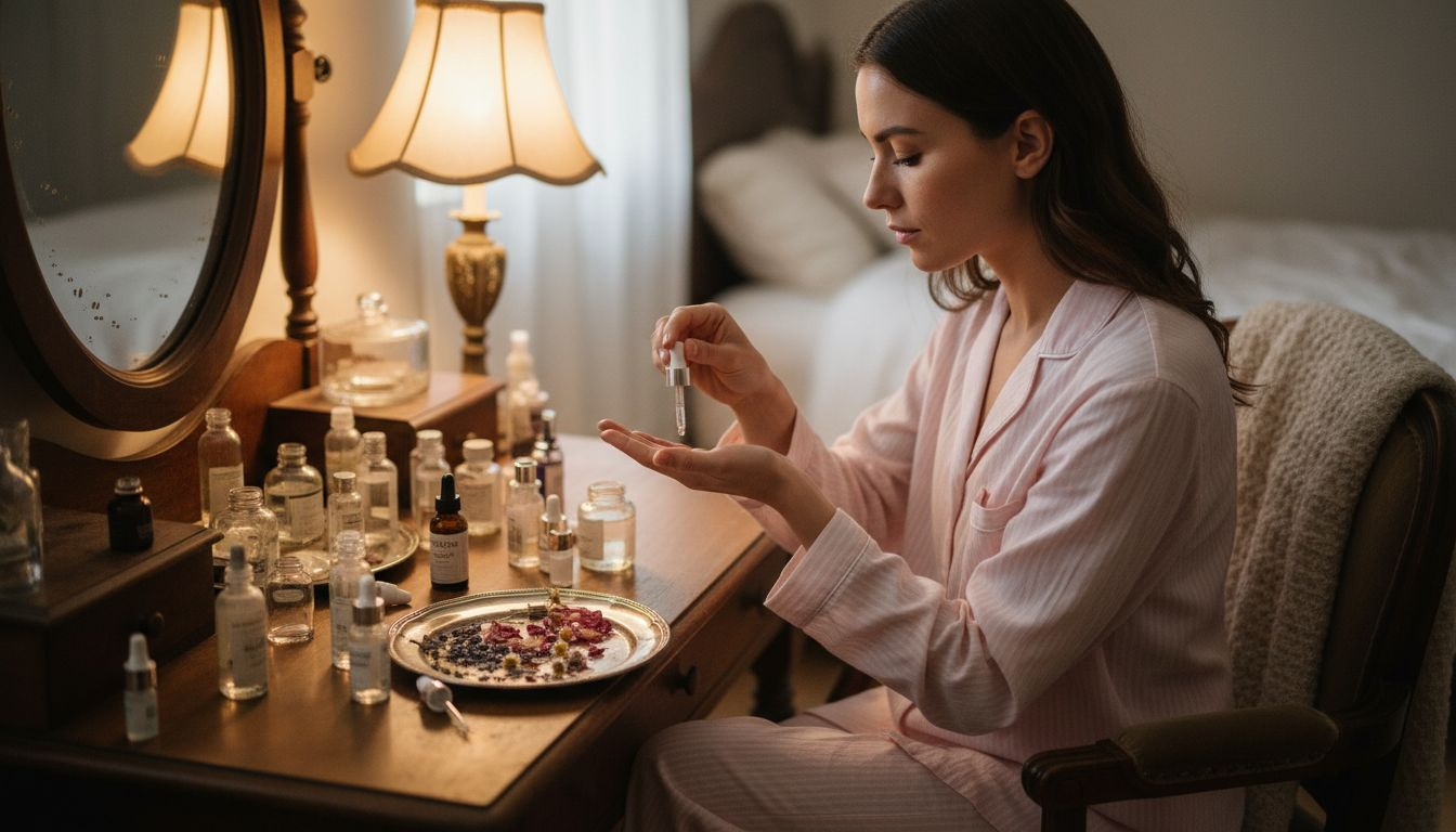 Applying botanical serum at vanity table