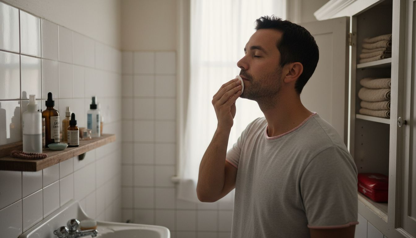Man using toner in lived-in bathroom
