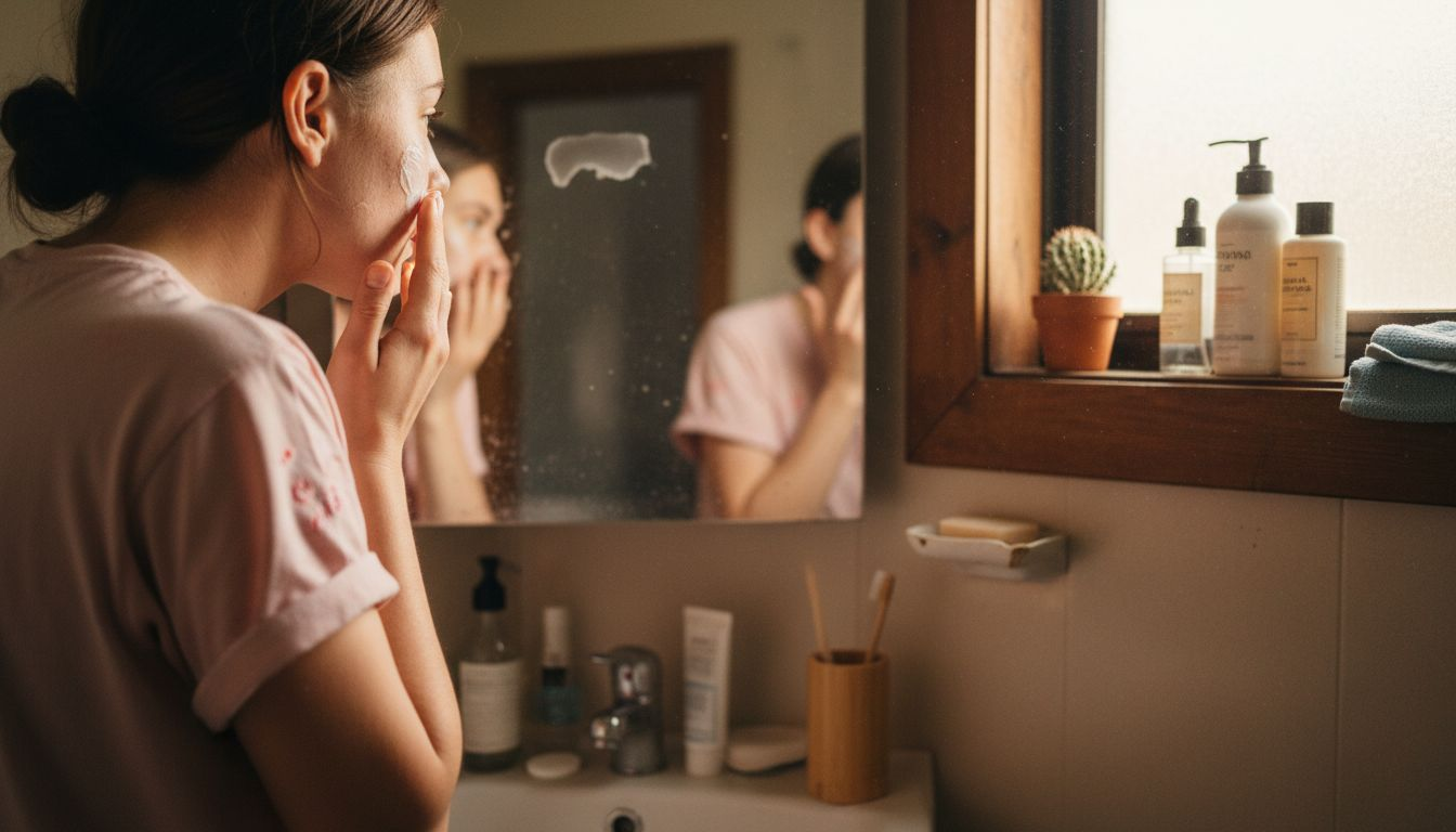 Person moisturizing sensitive skin bathroom mirror