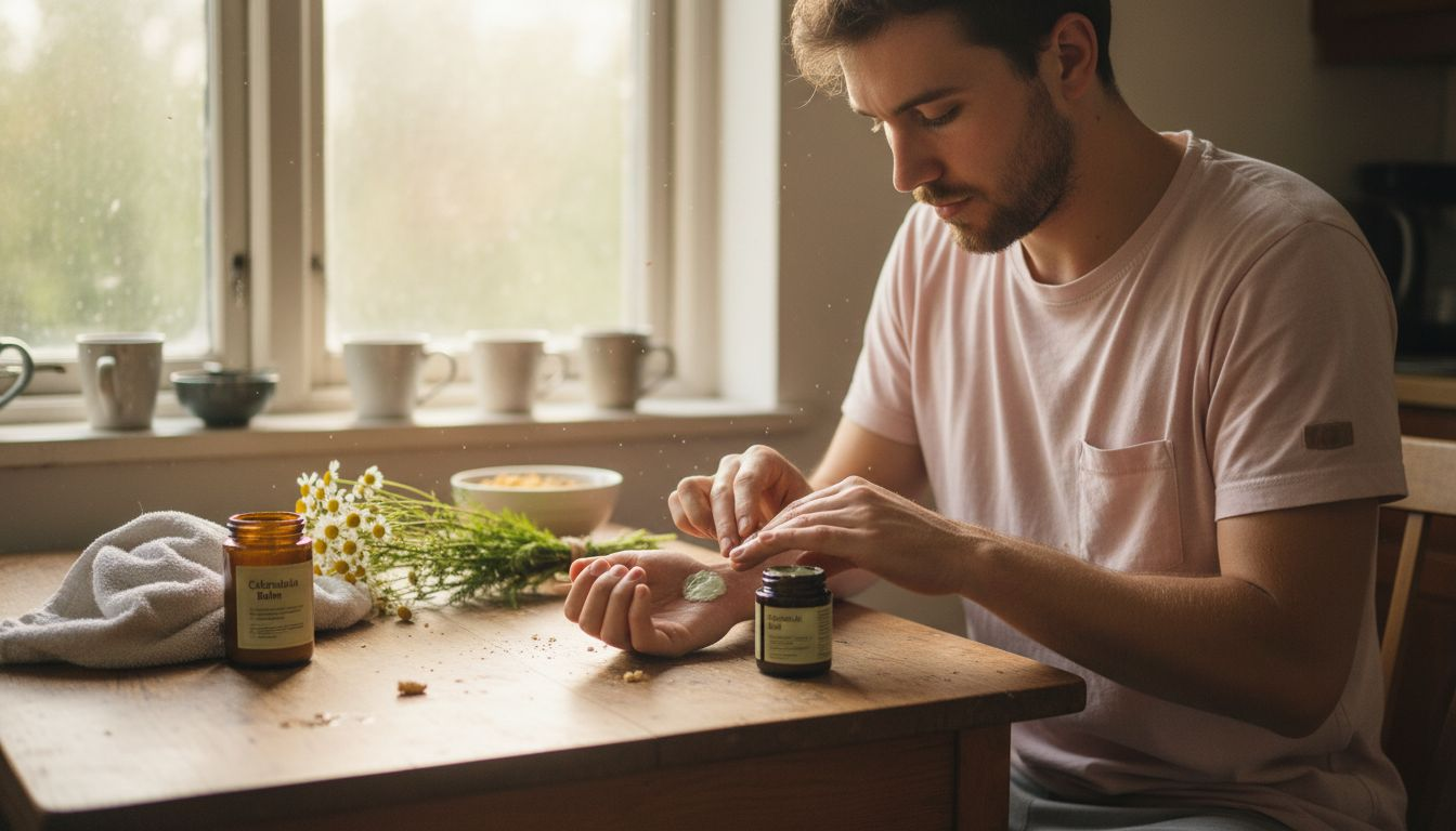 Man using botanical ointment for skin care