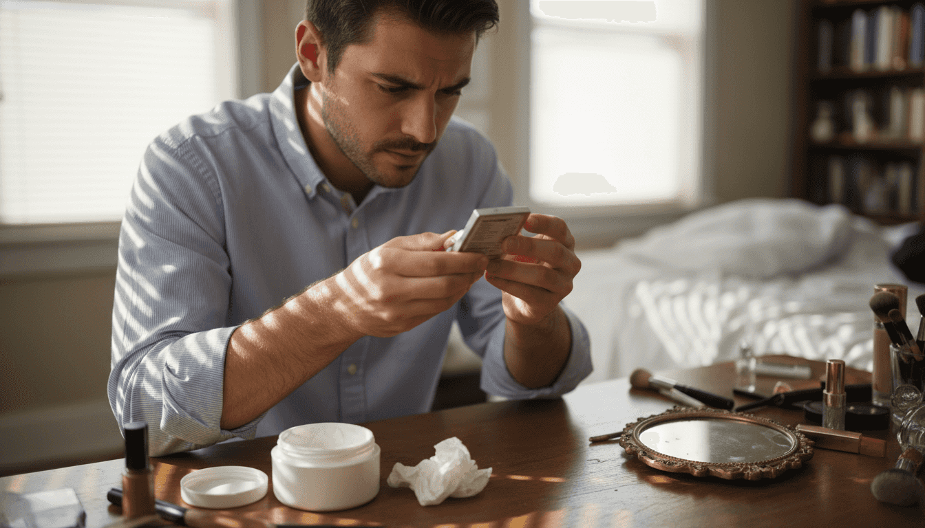 Man checking makeup product for sensitive skin