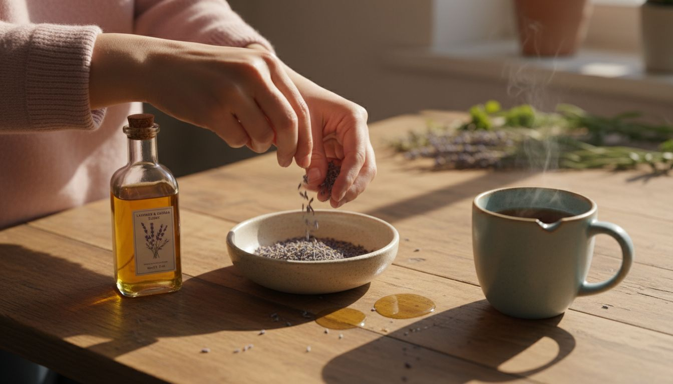 Hands preparing lavender botanical skincare
