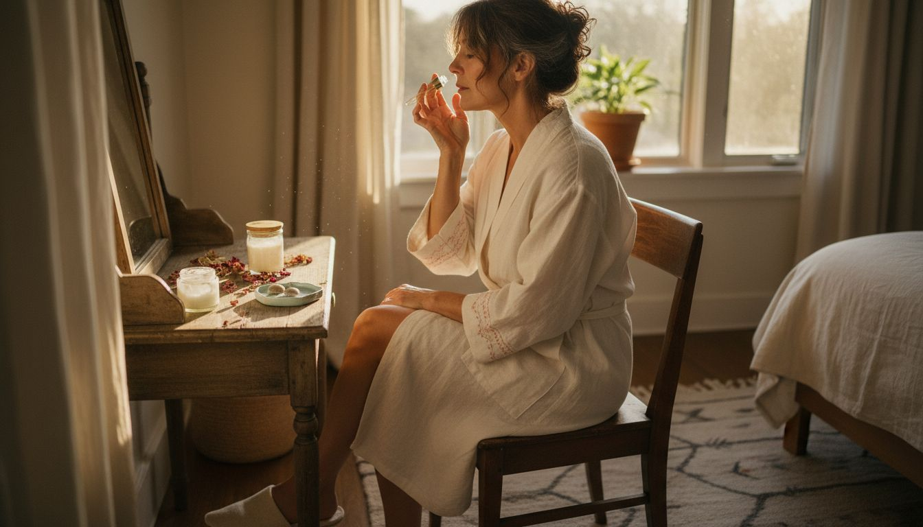 Applying botanical oil at bedroom vanity