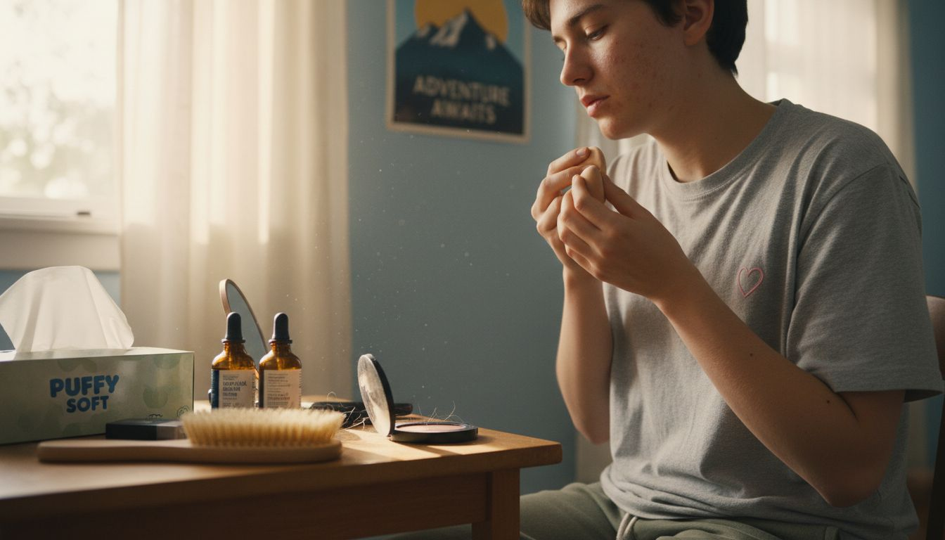 Person with sensitive skin applying clean makeup