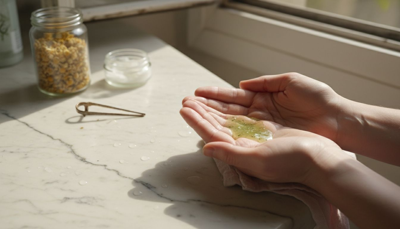 Hands holding botanical serum on marble counter