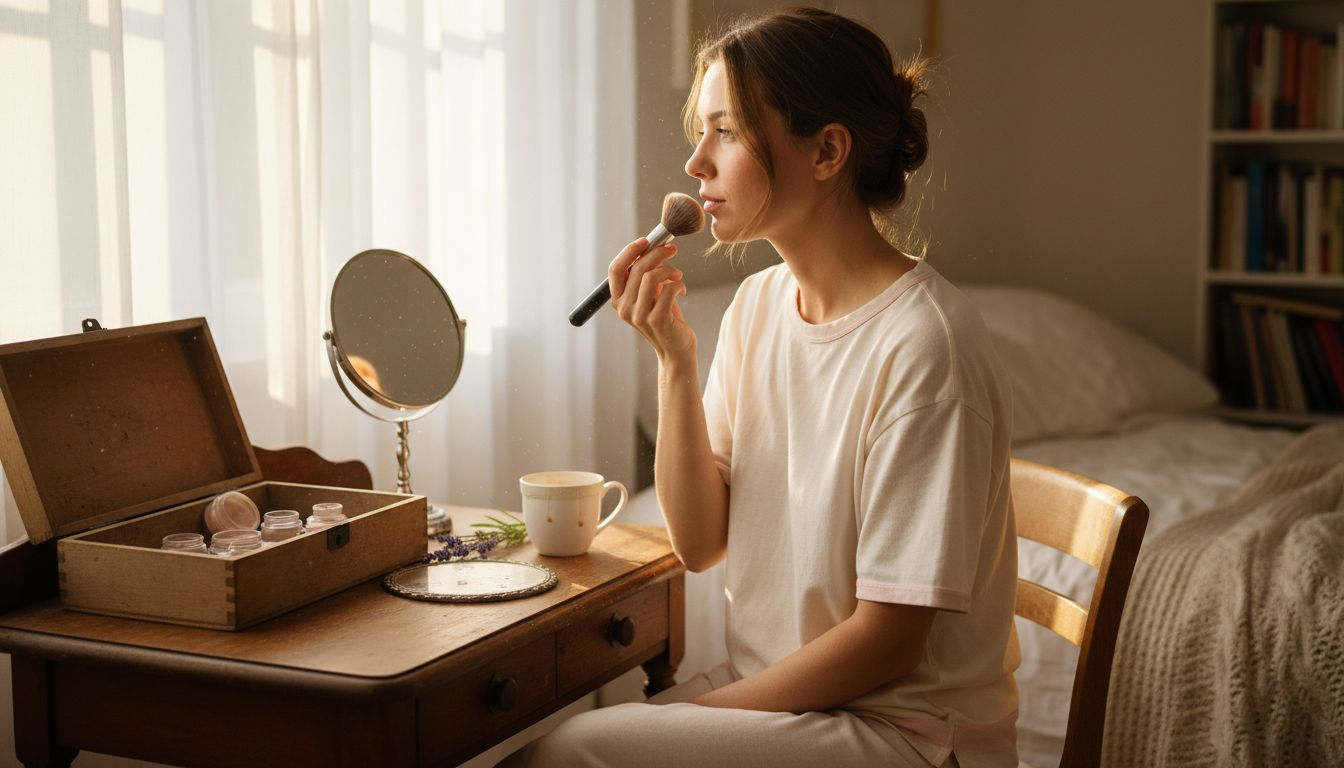 Woman using clean makeup at calm vanity