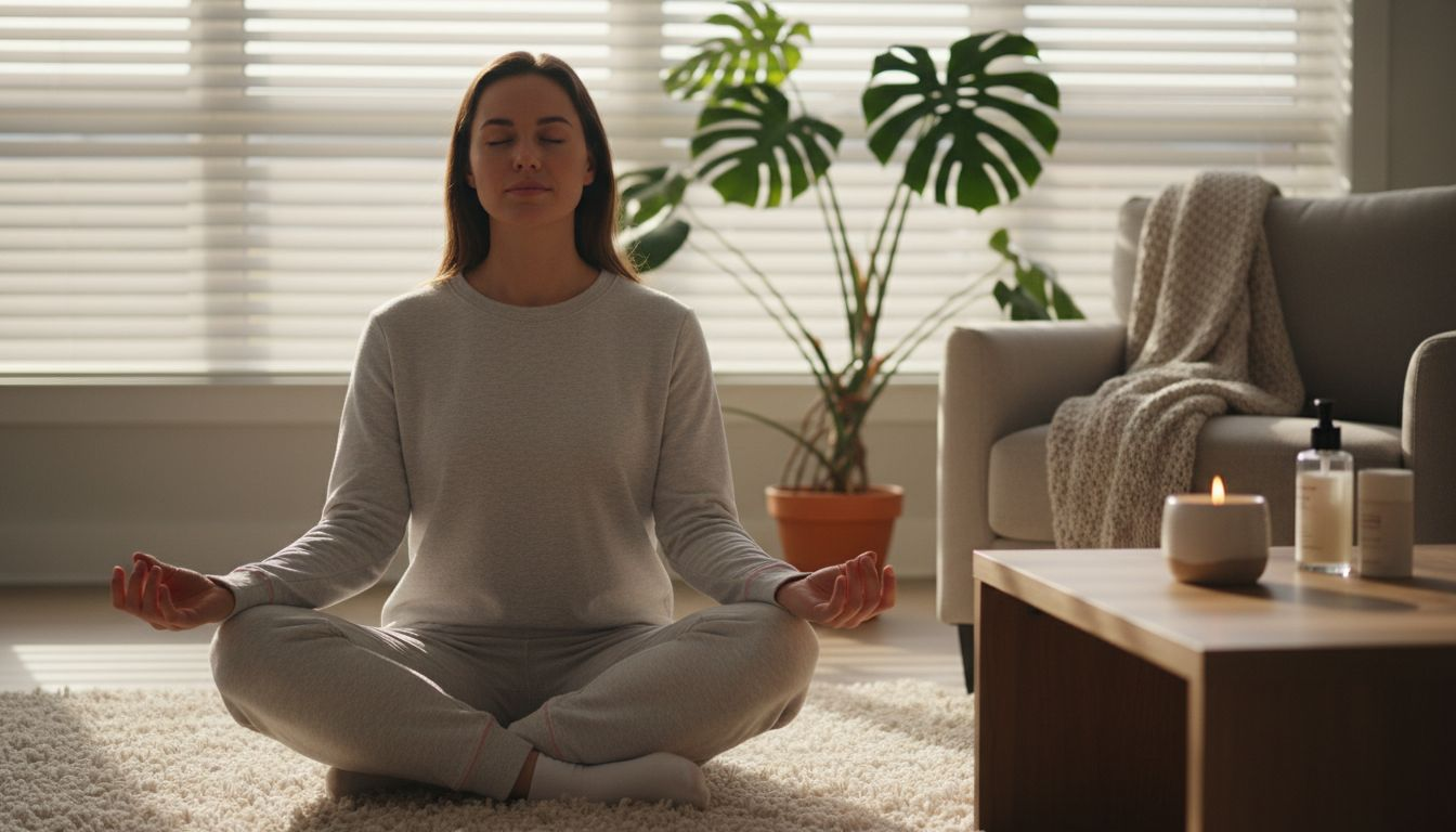 Woman meditating in calm, lived-in living room