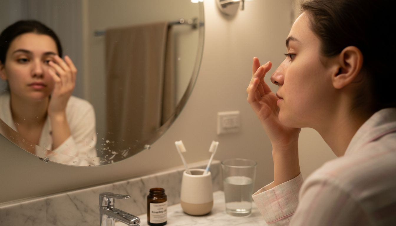 Person checking healed eczema after skincare routine