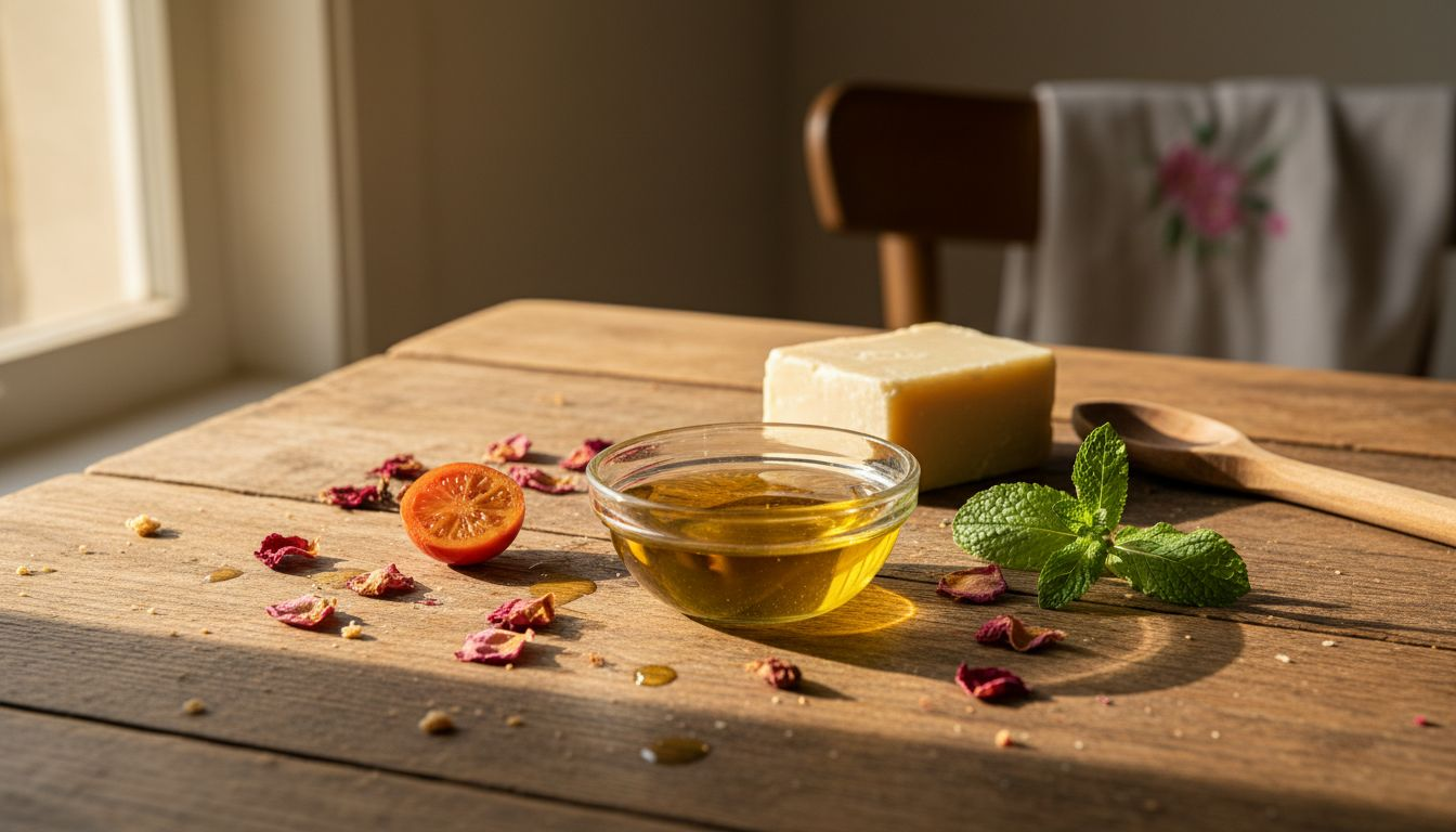 Natural lip balm ingredients on wooden table