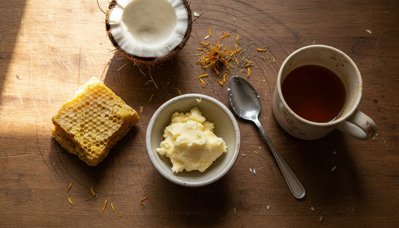 Raw beeswax, shea butter, coconut for lip balm