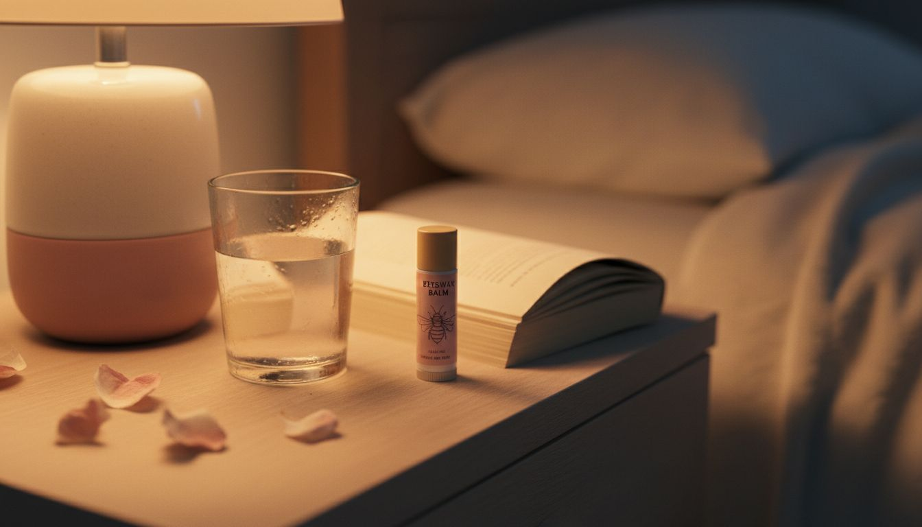 Beeswax lip balm and book on nightstand