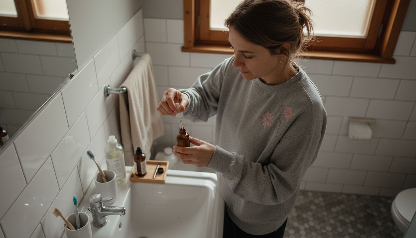 Preparing plant-based skincare in bathroom