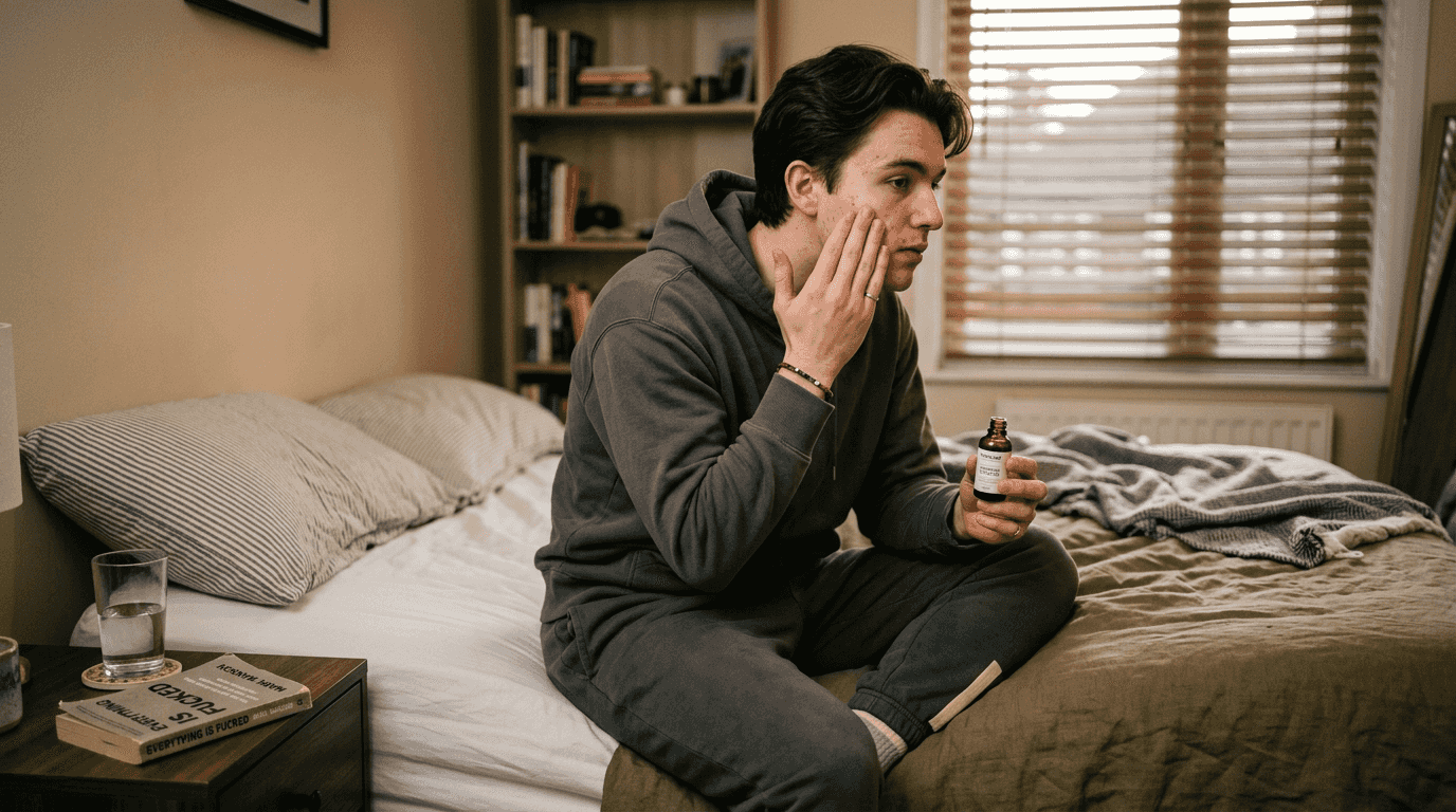 Man applying serum evening skincare consistency