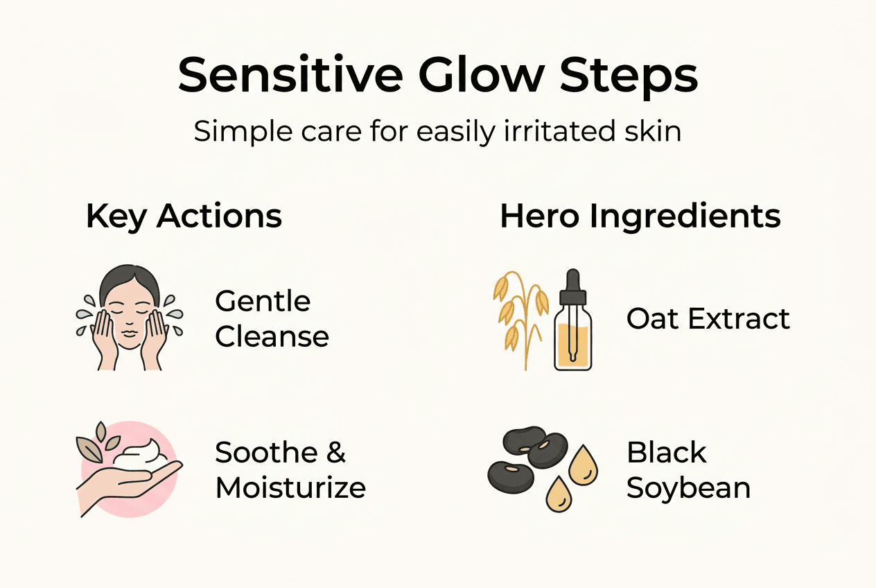 Infographic summarizing sensitive skin glow steps