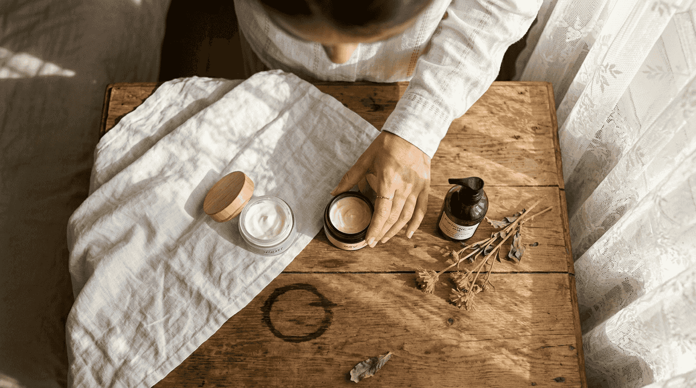 Plant-based skincare products on wooden table