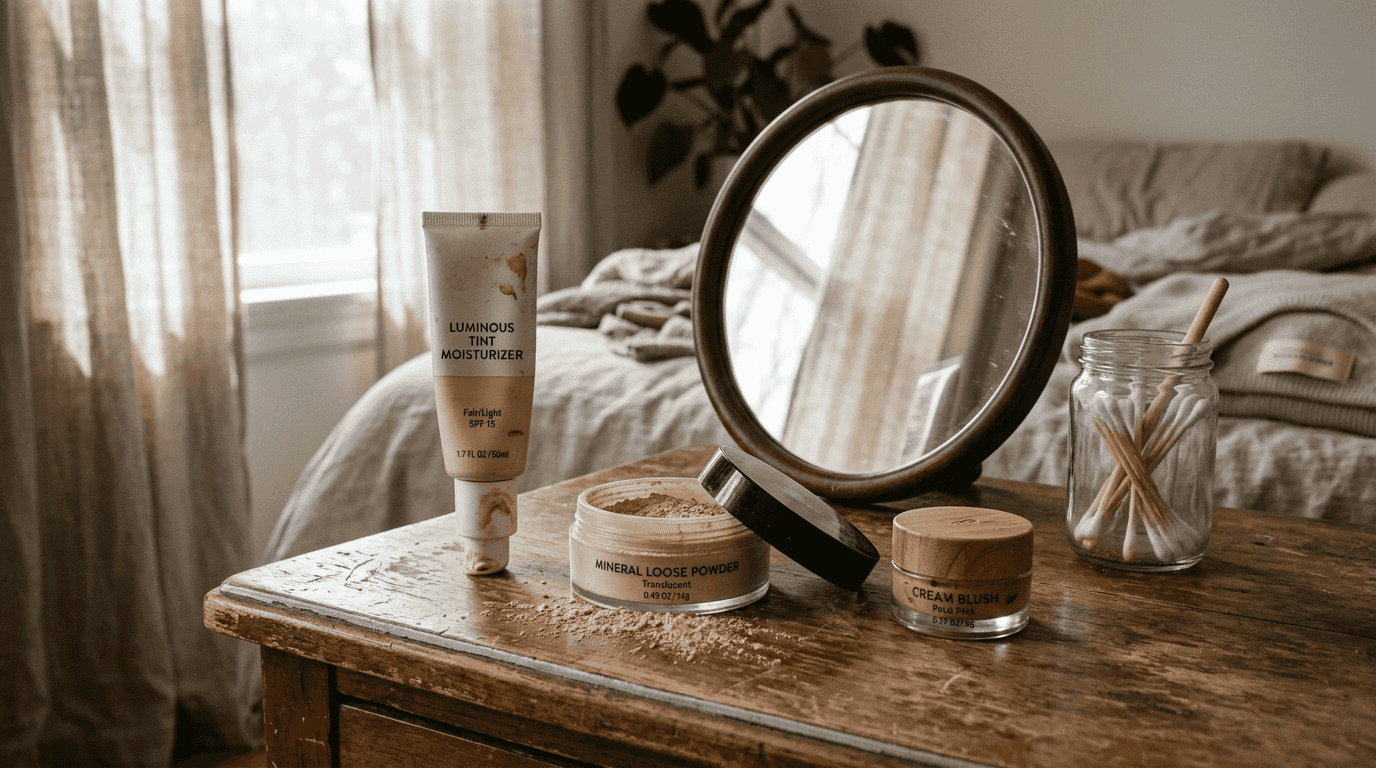 Natural makeup products on wooden vanity