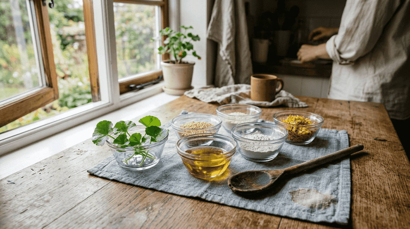 Natural plant-based skincare ingredients on table