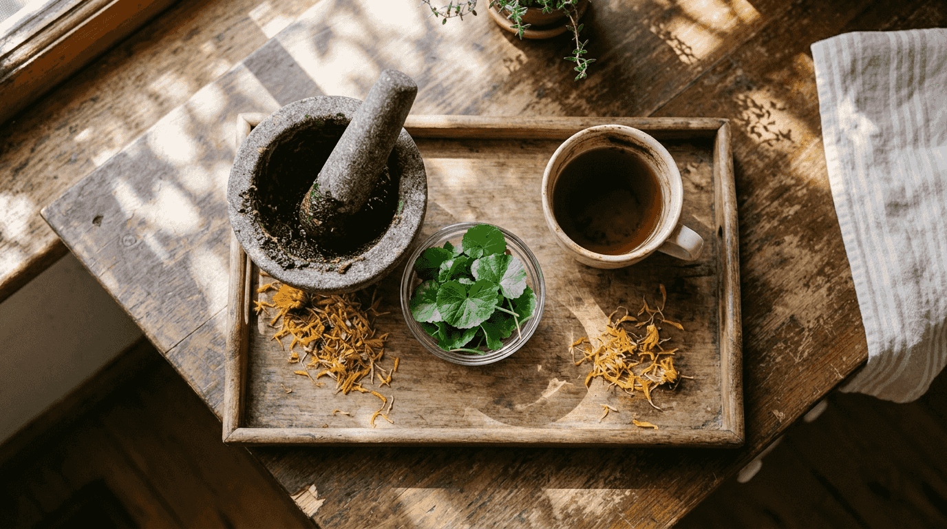 Plant-based skincare ingredients on kitchen tray