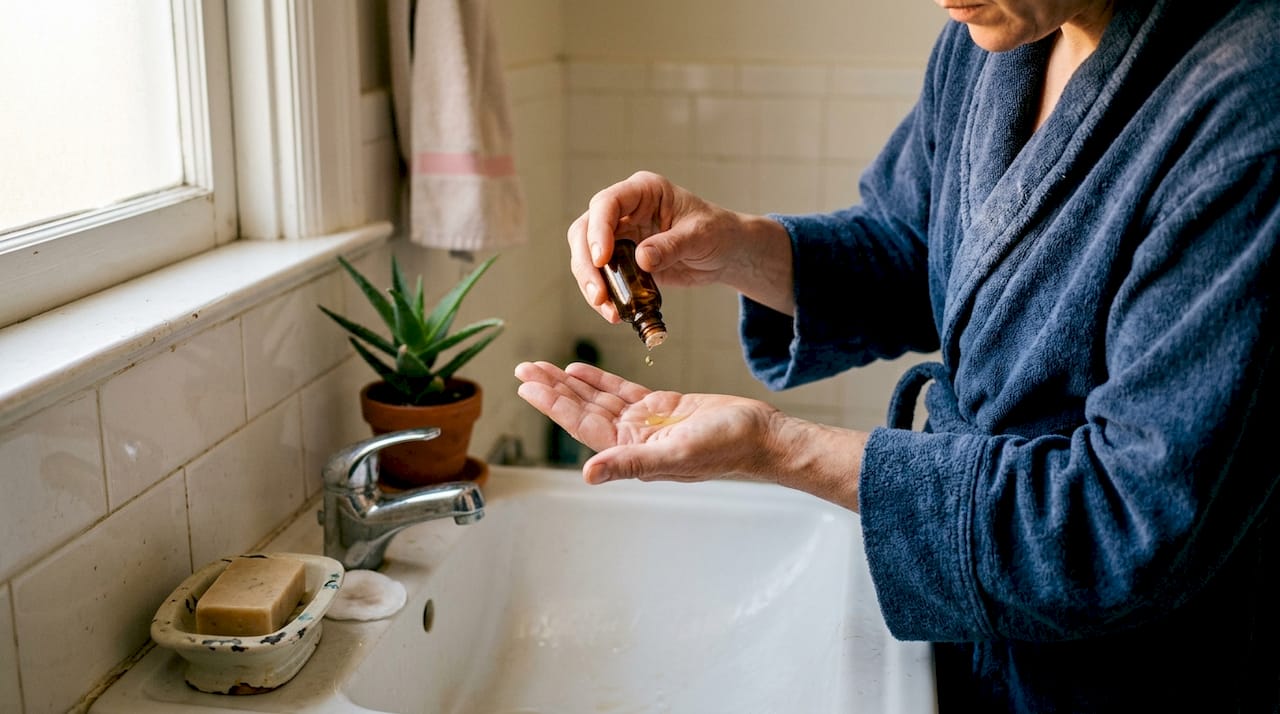 Jojoba oil skincare demonstration by sink