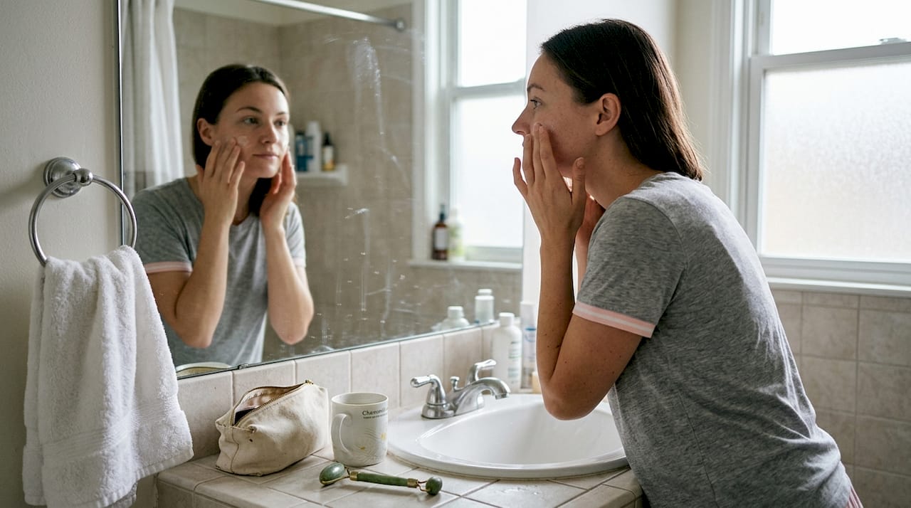 Woman practicing mindful skincare at bathroom sink