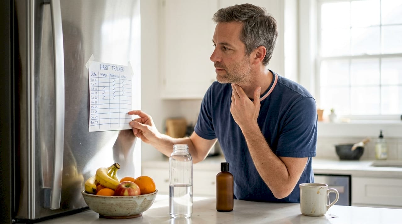 Man doing mindful skincare in home kitchen