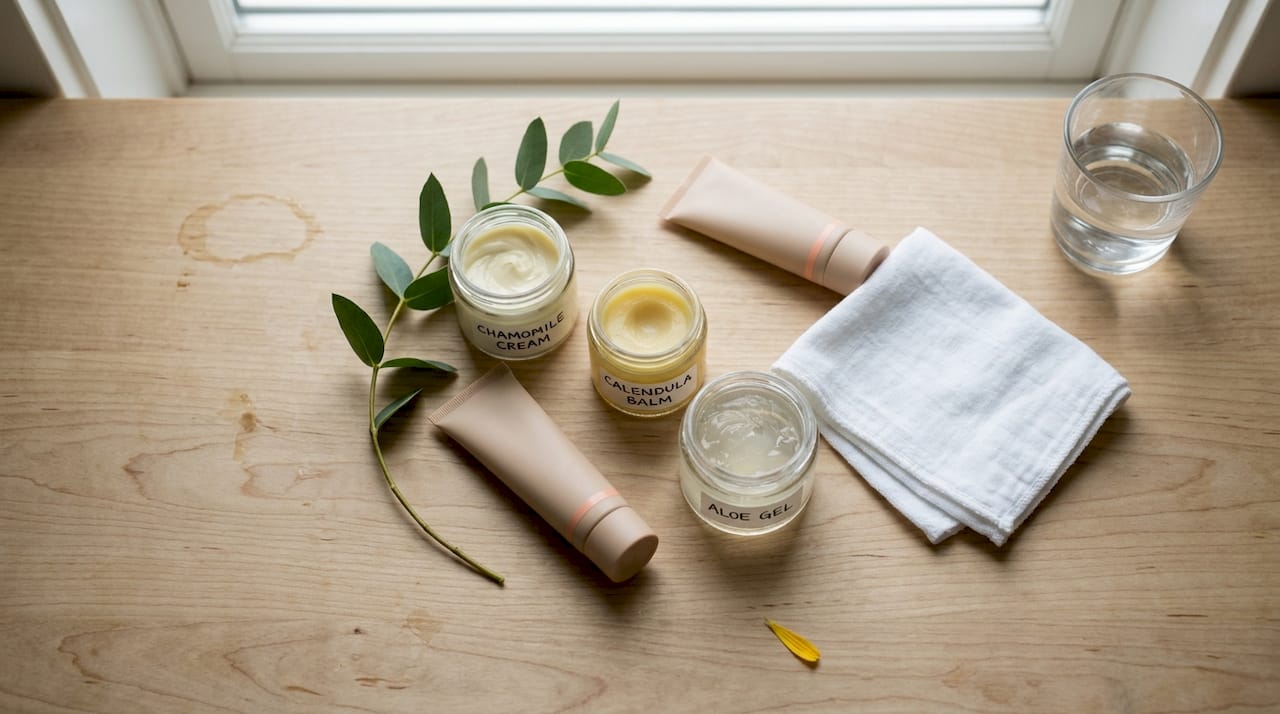 Flat lay of holistic makeup and botanicals