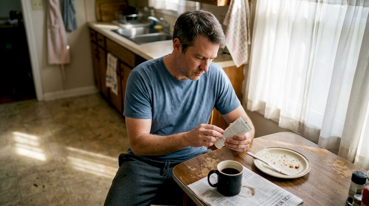 Man reads skincare product instructions at kitchen table