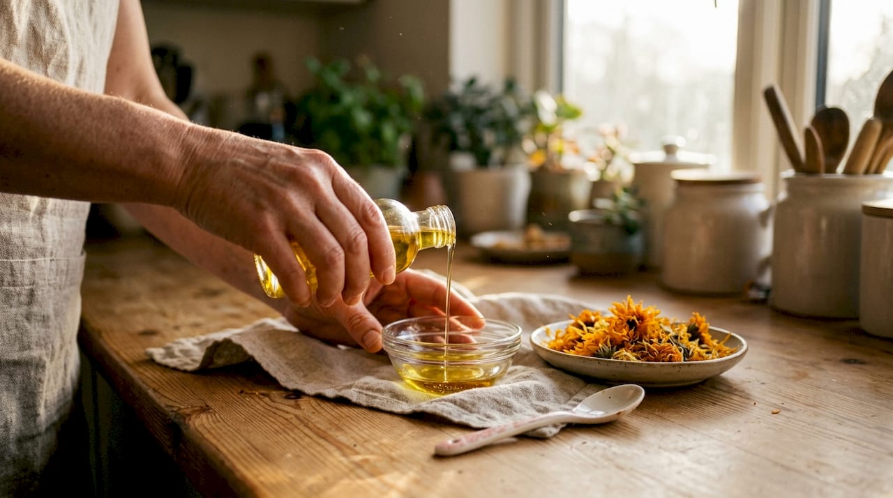 Hands pouring chamomile oil into glass bowl