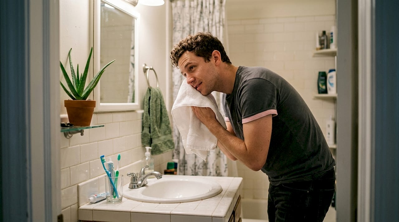 Man calmly finishing his face washing ritual