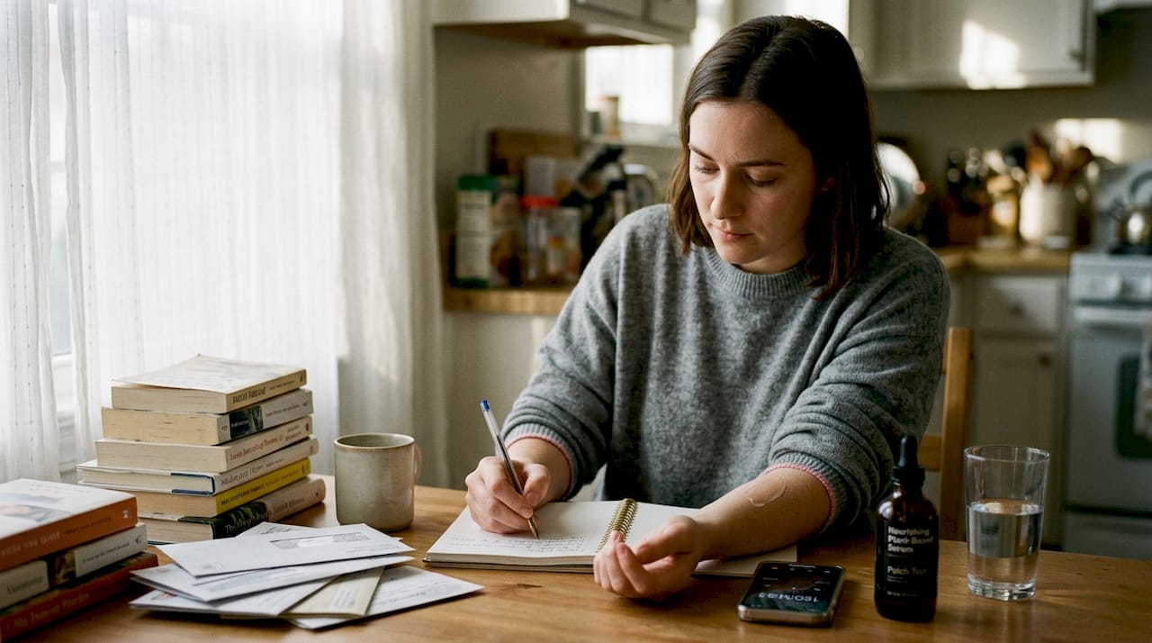 Person tracking skin routine in kitchen journal
