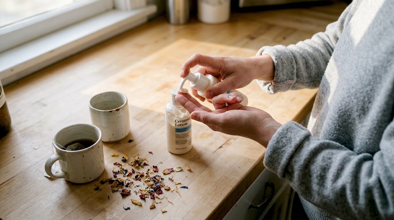 Hands applying ceramide soothing skincare