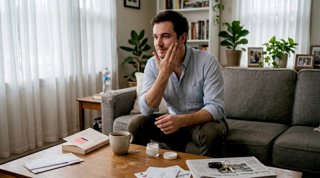 Man moisturizing face in sunlit living room