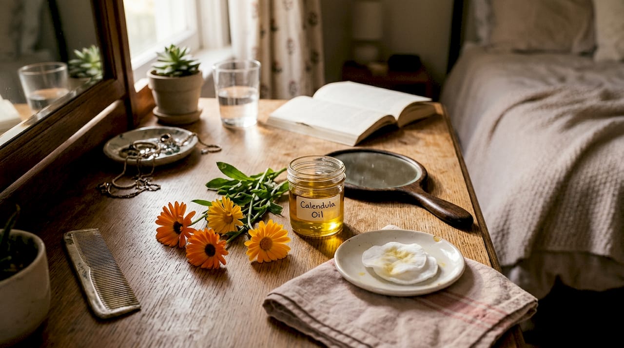 Calendula flowers and skincare on vanity table