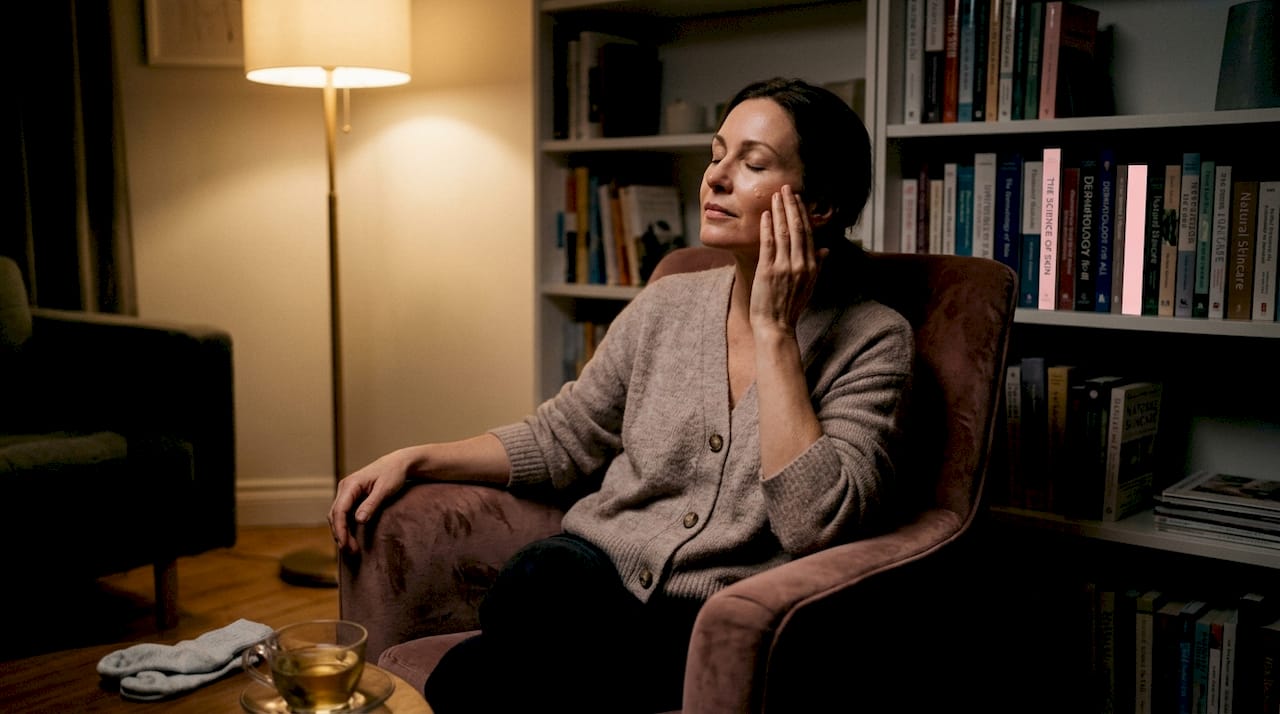 Woman practicing mindful beauty ritual at home