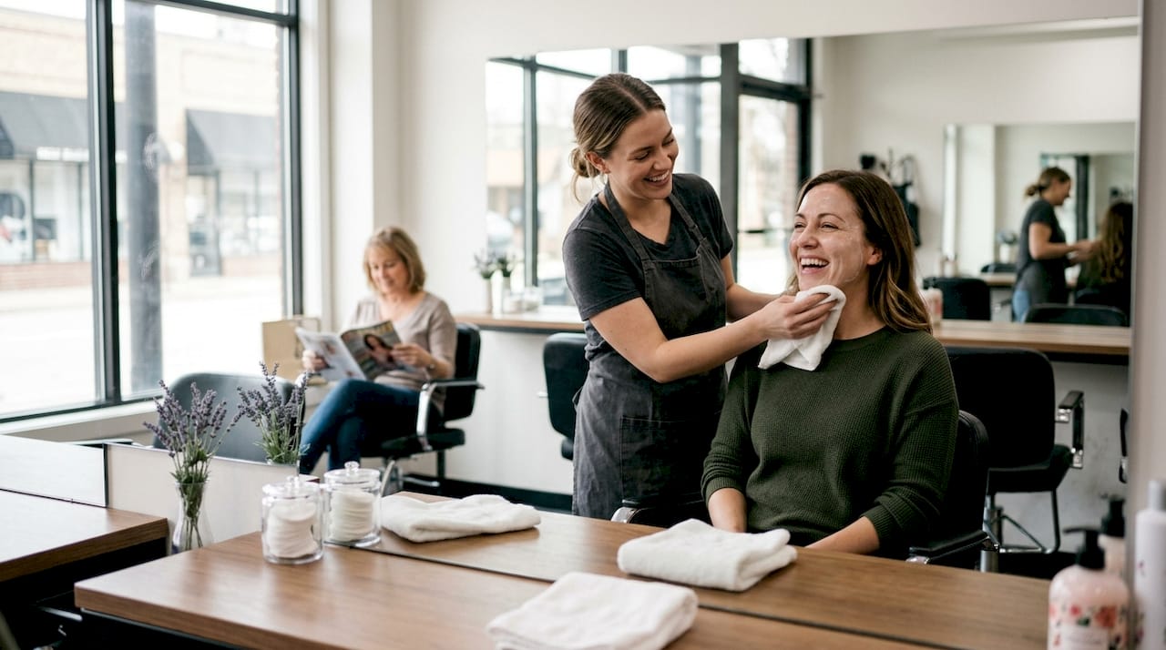 Woman in beauty salon talking with stylist