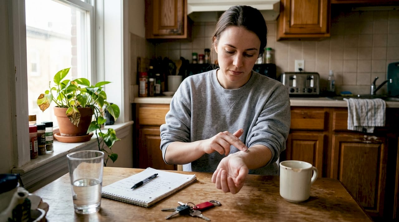 Woman patch testing lotion on her wrist