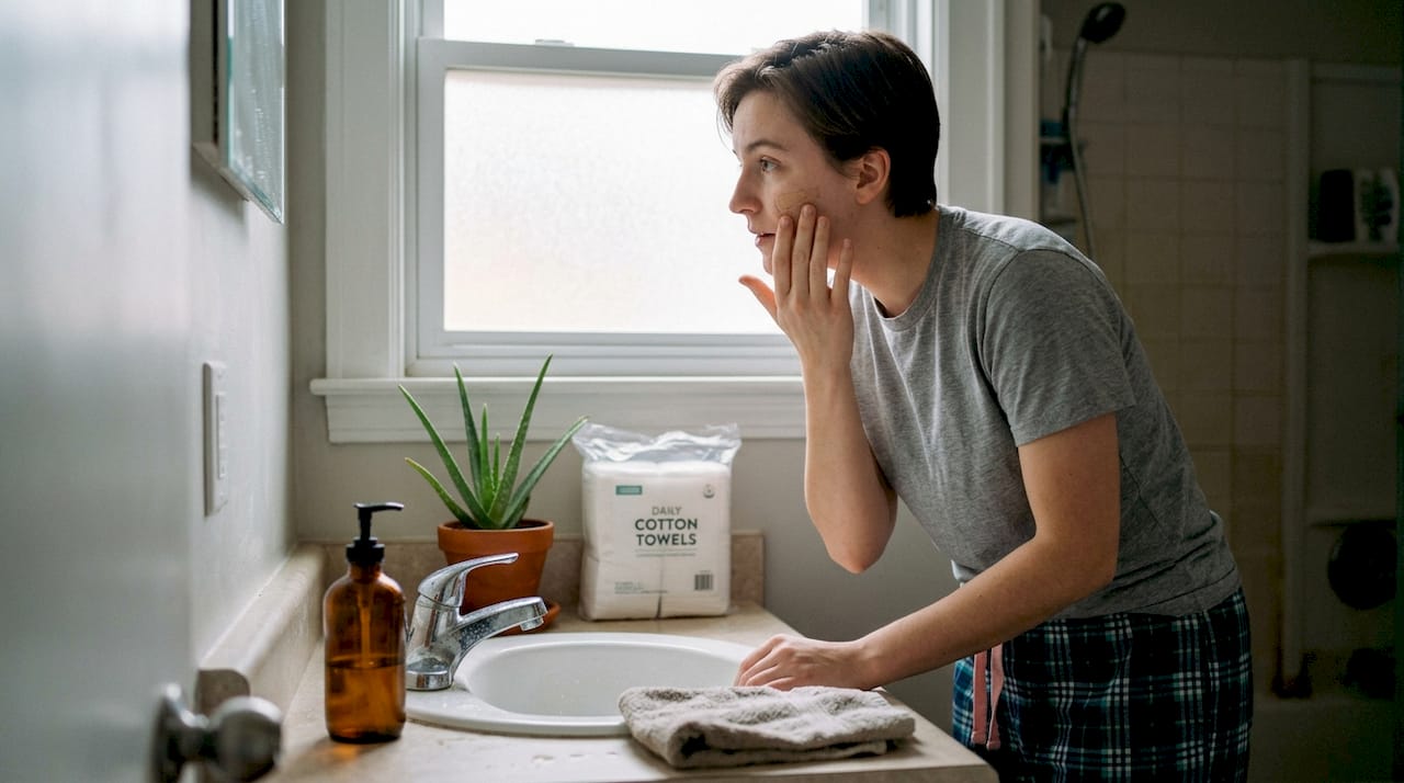 Person applying gentle makeup routine bathroom