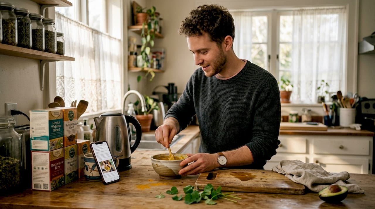 Man making plant-based skincare at kitchen counter