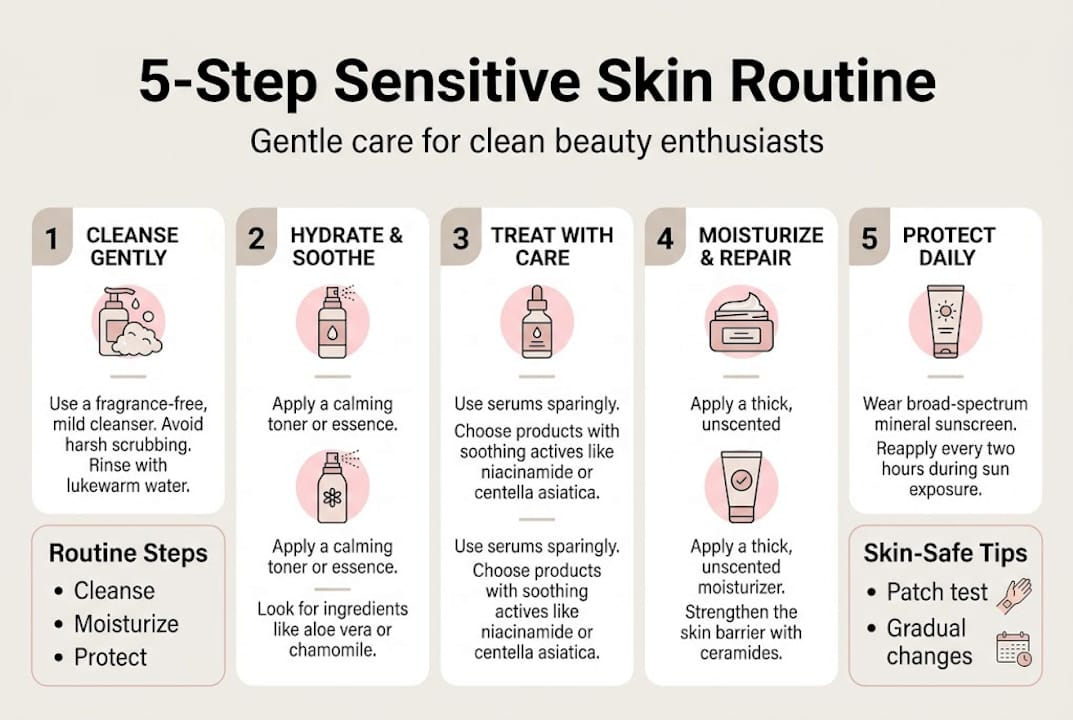 Infographic showing 5 steps for sensitive skin