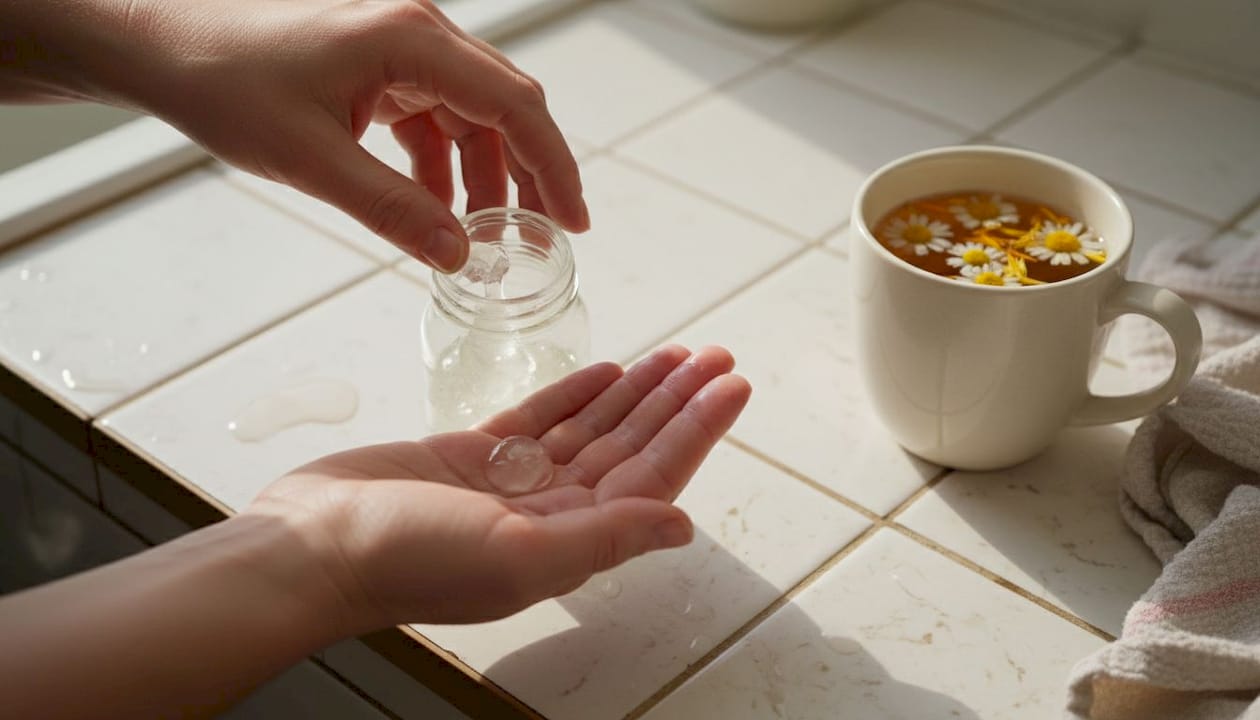 Hands dispensing aloe vera gel at kitchen counter