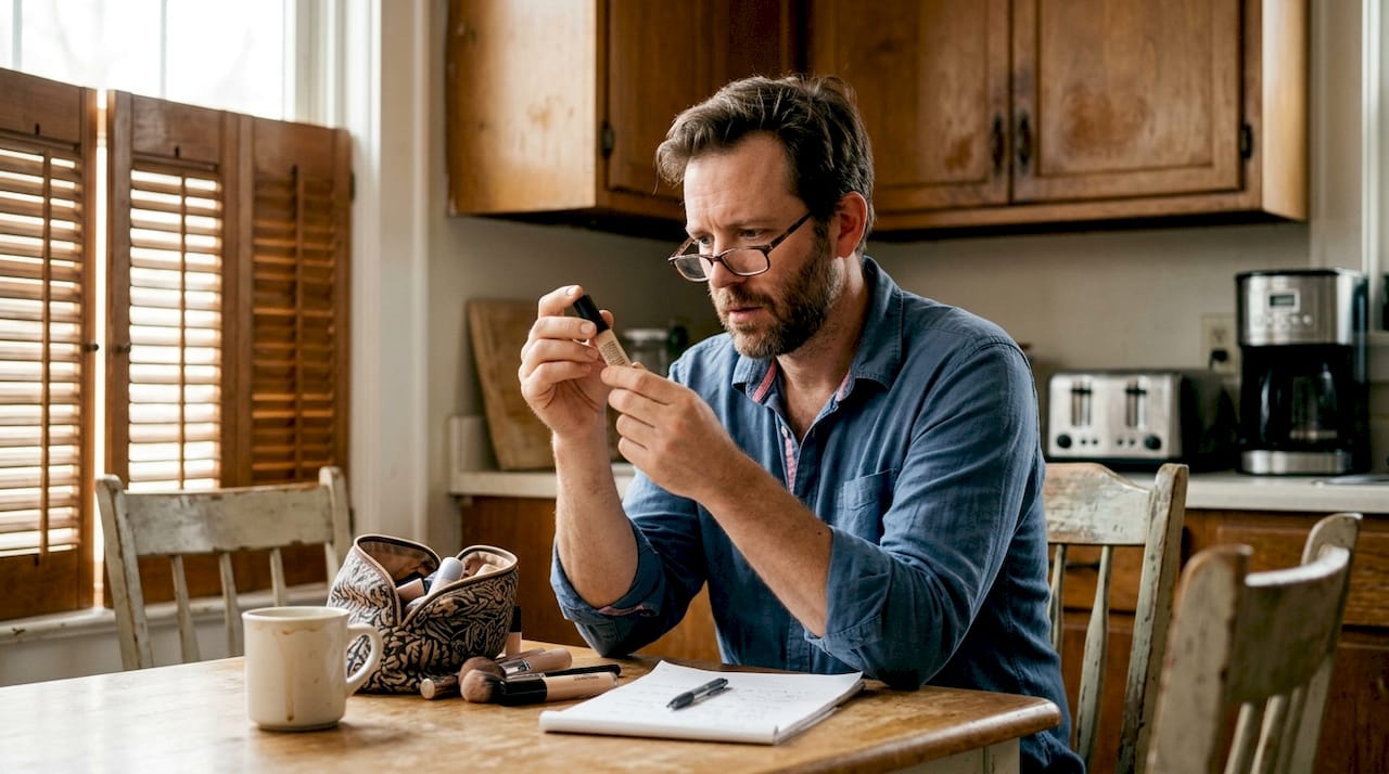 Person examining makeup product labels