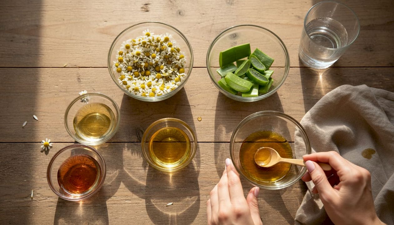 Plant-based skincare ingredients in glass bowls