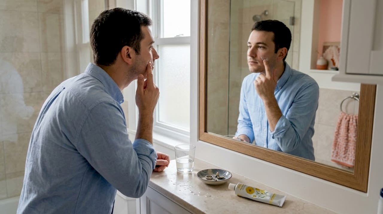 Man applying calendula cream at bathroom sink