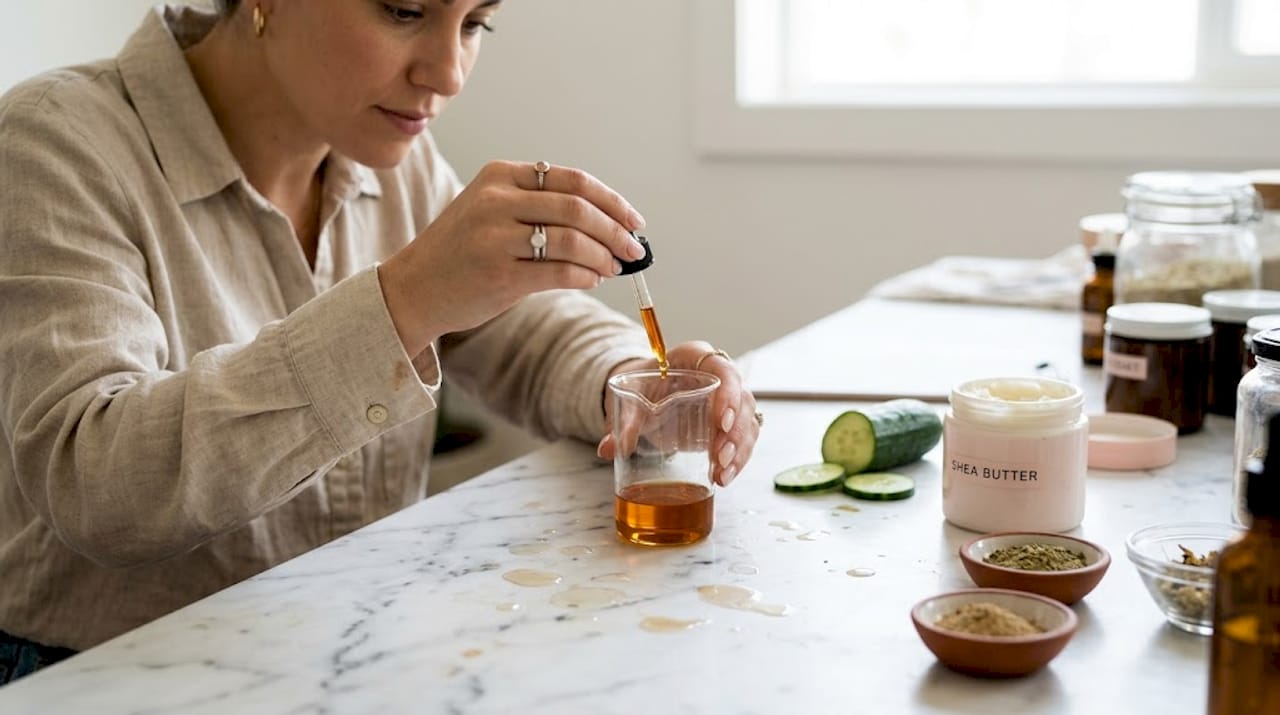 Mixing plant-based beauty products in studio