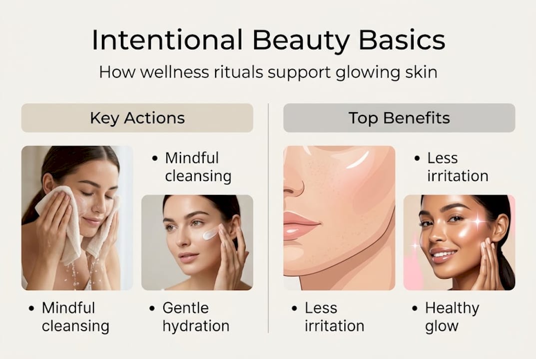 Infographic showing intentional beauty actions and benefits