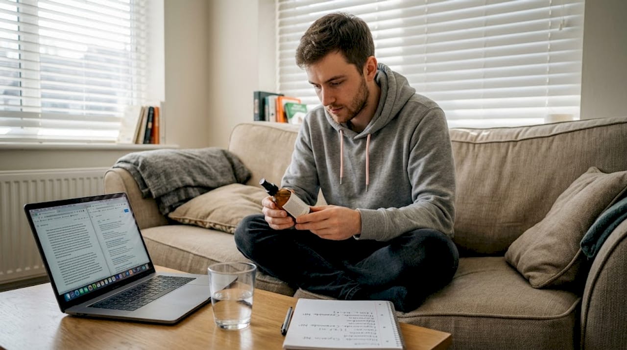 Man reading skincare ingredients at home